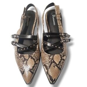 Snake Print Strappy Moto Flats Faux Leather Pointed Toe Buckle Shoe Womens 6